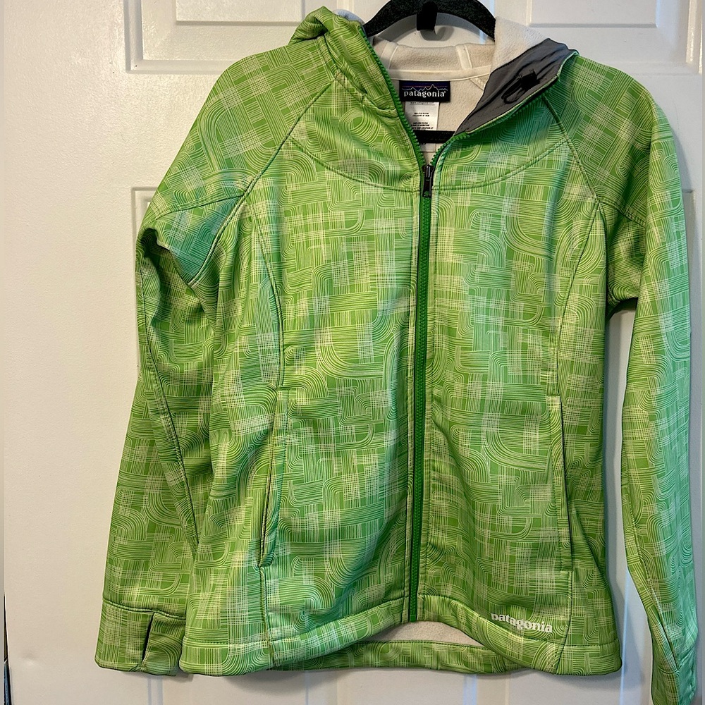 Patagonia Lime Green, Patterned Polyester Zip Up, Cotton Lined Jacket